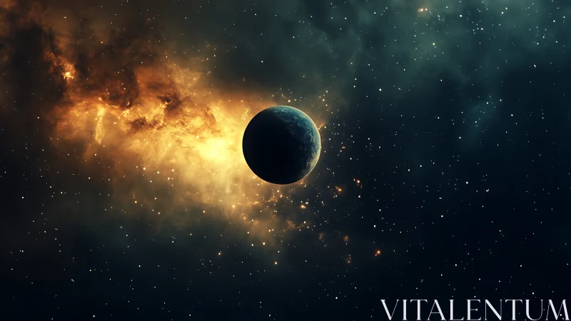 Backlit exoplanet silhouette against luminous nebular field