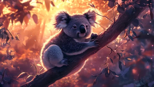 Dreamlit koala perched in ember-kissed eucalyptus dusk.