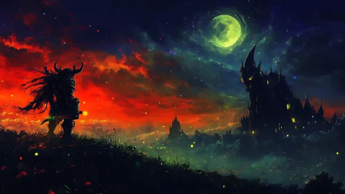 Midnight warrior pauses before a glowing moonlit citadel.