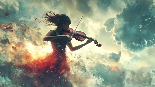 Violinist in swirling clouds and fire-toned abstract sky.