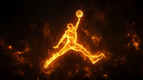 Silhouette of basketball player in fiery jump motion outline.
