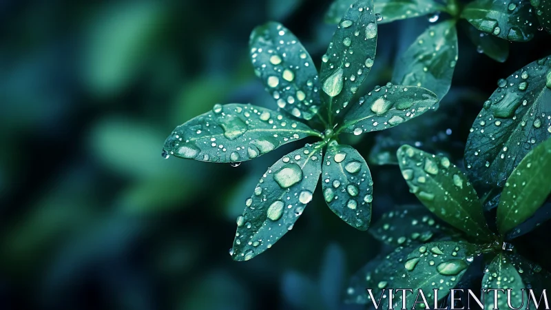 Glistening raindrops rest on emerald leaves in soft focus