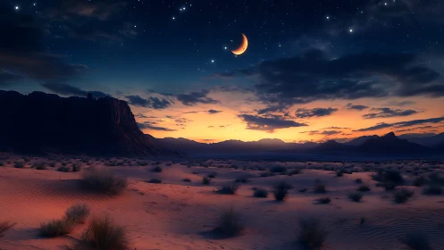 Lunar-illuminated desert dunes under twilight gradient sky.