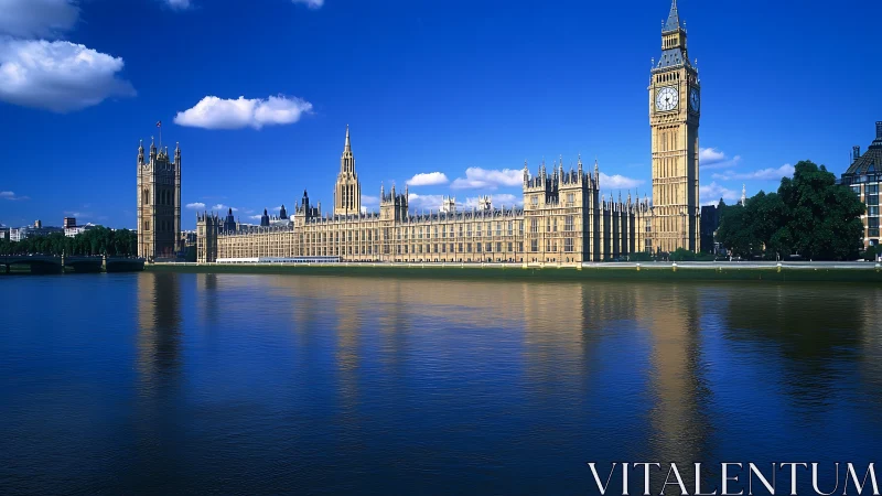 Riverside palace and clocktower bask in cobalt London skies.