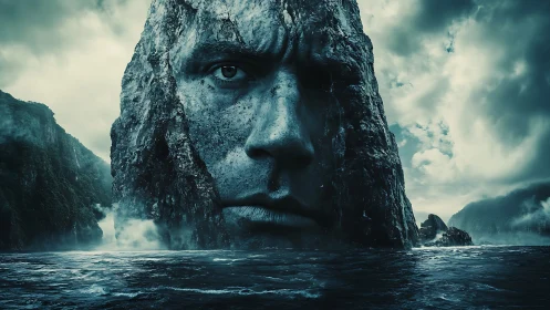 Storm-born stone giant watches the restless ocean in silence.