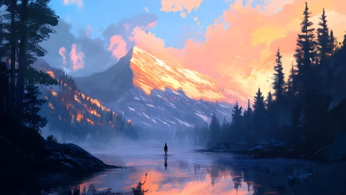 Digital alpine sunrise with reflective lake and lone figure.