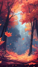 Forest pathway with autumn foliage rendered in warm color palette