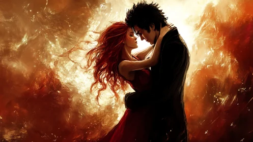 Passion Ignited: Two Souls Embrace in Fiery Golden Light