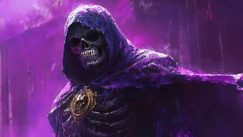 Spectral necromancer skeleton in irradiated violet cloak.