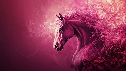 Crimson stallion emerges through swirling floral flames.