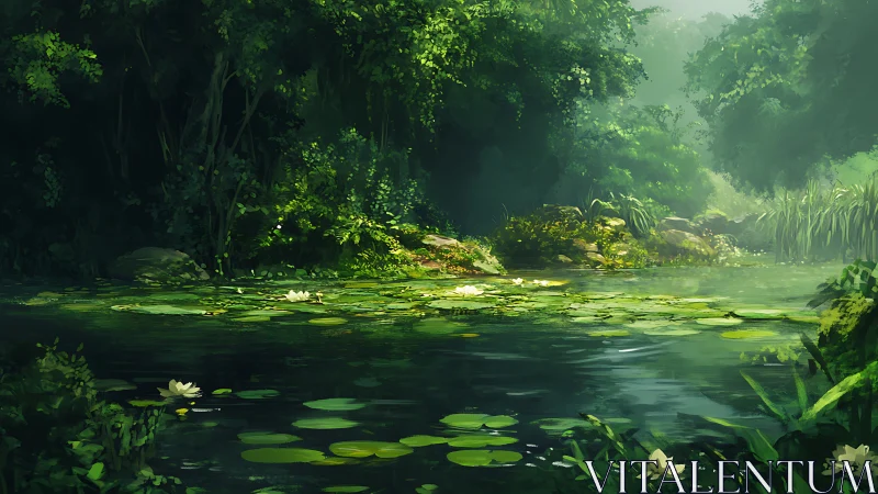 Misty Wetland Sanctuary with Luminous Water Lilies.