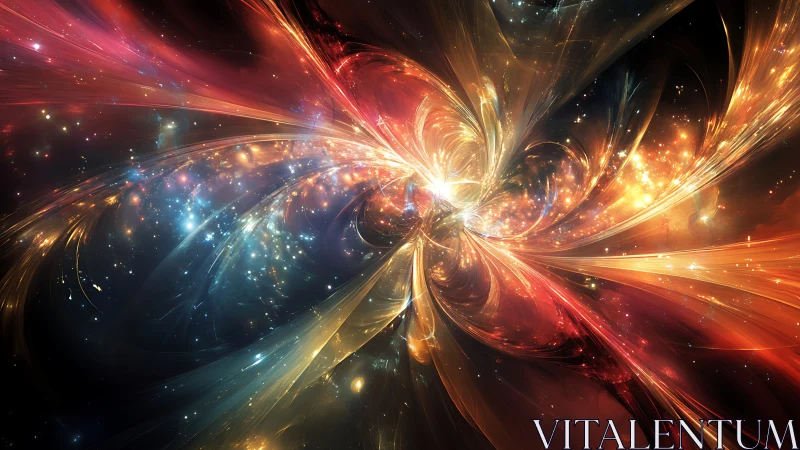 Fractal light forms intersect across a multicolored spatial field