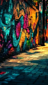 Photorealistic alley mural with neon chromatic lighting study.