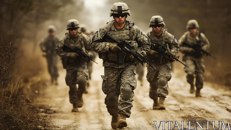 Armed soldiers advance through dusty woodland trail in formation