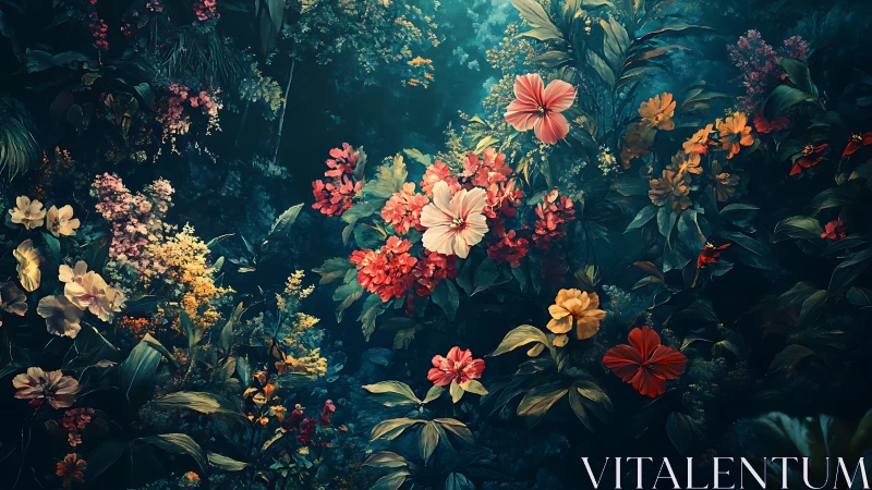 Lush digital jungle with layered vivid tropical flowers.