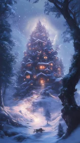 Multi-tiered winter tree dwelling under snowfall at night.