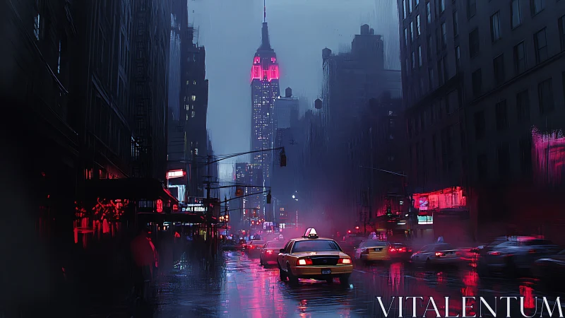 Yellow taxi drives through rainy neon city street at night