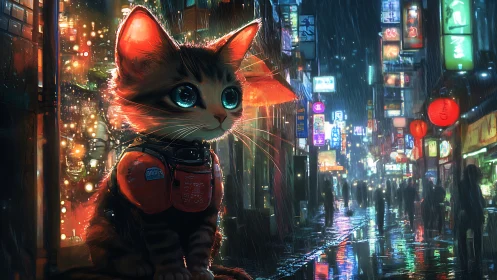 Cyberpunk kitten with neon harness in rainy night alley.