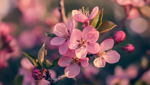 Pink fruit tree blossoms with stamens and unopened buds.