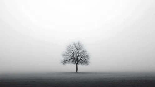 Single bare deciduous tree stands centered in dense ground fog