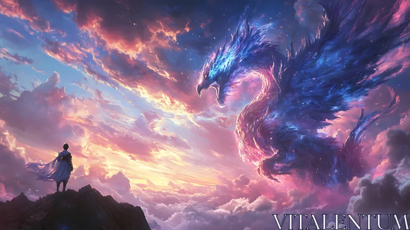 Skyborne sorcerer greets a cosmic phoenix in painted clouds