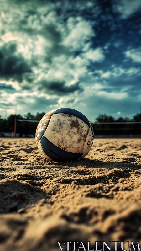 Weathered beach volleyball rests on sunlit sand court