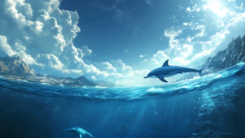 Skyline surf where silver dolphins split the turquoise sea.