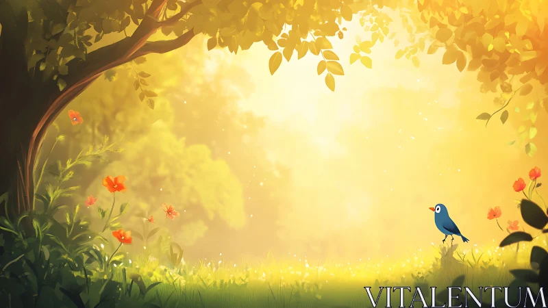 Digital painting of sunlit forest glade with stylized songbird.
