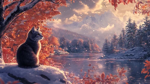 Cat observes autumn river under snowlit alpine mountains