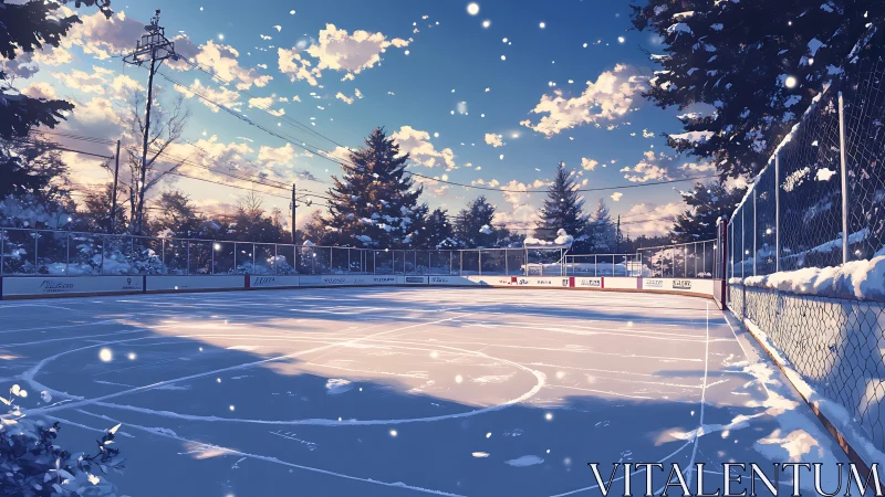 Winter outdoor ice rink under late afternoon golden-hour sky