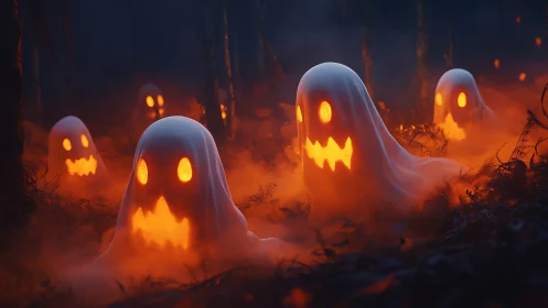 Glowing pumpkin ghosts drift through foggy forest night.