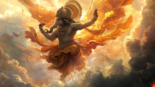 Radiant celestial dance of an elephant-headed deity in sky.