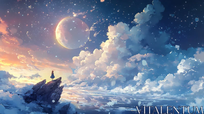 Solitary figure observing celestial sky above luminous clouds