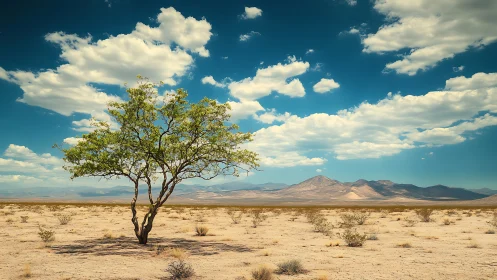 Solitary desert tree under expansive cobalt sky panorama.