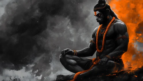 Mythic simian yogi in meditative pose with blazing aura.
