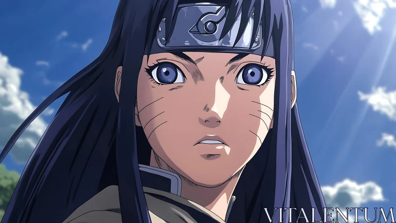 Kunoichi portrait under dramatic sky with cel-shaded detail.