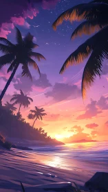 Digital painting coastal sunset with silhouetted palm canopy.