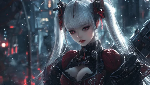 Cybernetic gothic warrior with crimson neon gaze poised.