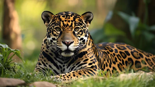 Calm jaguar rests in soft jungle light and watches quietly