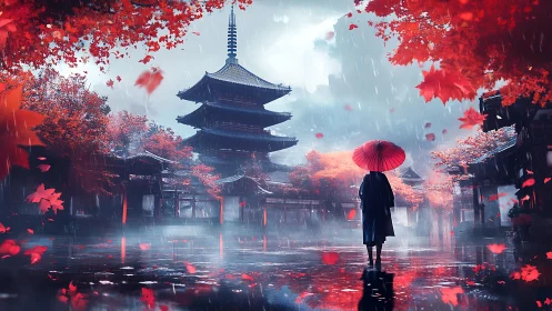 Crimson umbrellas and quiet rain in a dreamy pagoda street.