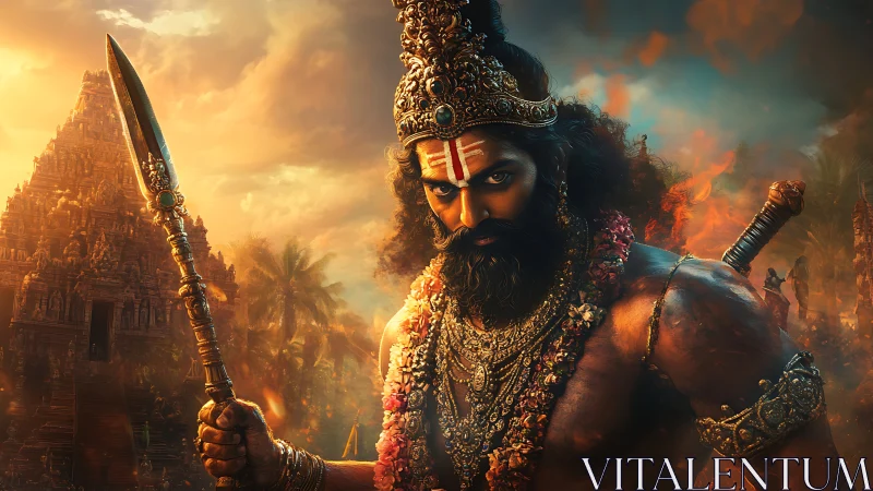 Warrior demigod guards blazing temple under storm sky.