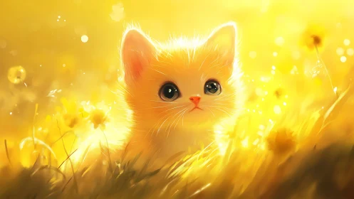 Digital kitten illustration in bright yellow field light.