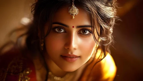Woman in traditional attire with bindi and head ornament.
