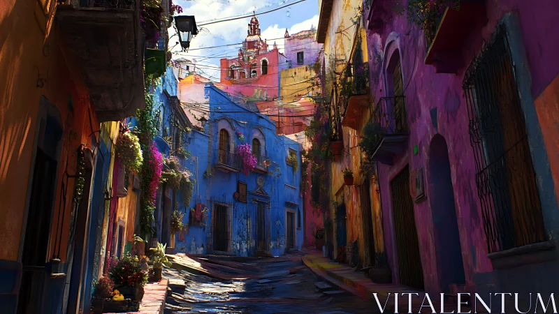 Sun-drenched alleyway drenched in jubilant painted facades.