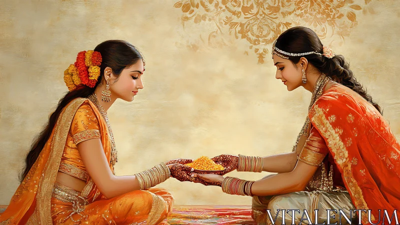 Two women in traditional Indian attire exchanging sweets, digital art.