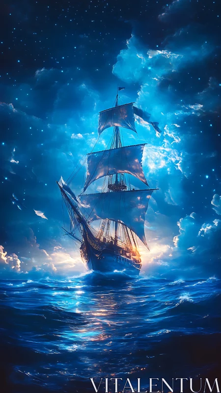 Star-drowned galleon climbs a glowing midnight ocean sky