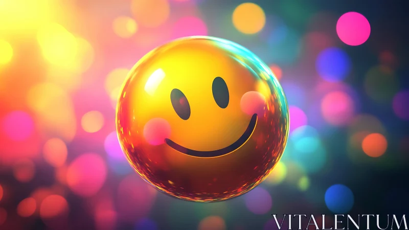 Glowing smiley sphere floats amid vivid bokeh lights