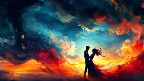 Silhouetted Lovers Embracing Against Dynamic Fiery Sunset Cloudscape Composition