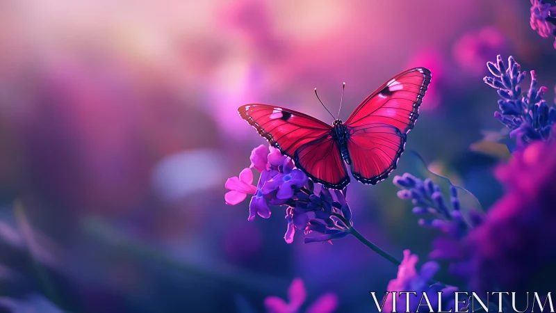 Radiant magenta butterfly poised amid dreamy bokeh garden.