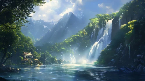 High-dynamic range waterfall valley with atmospheric depth rendering